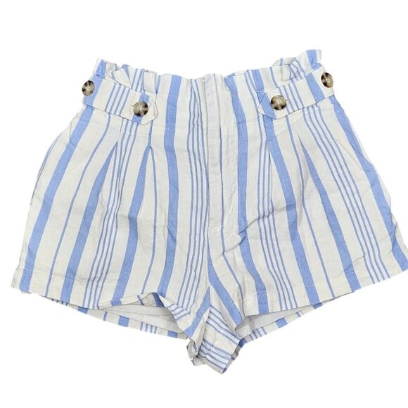 Forever 21 Blue White Shorts Zipper Elastic Pockets Linen High Waist Size Small - Picture 1 of 11